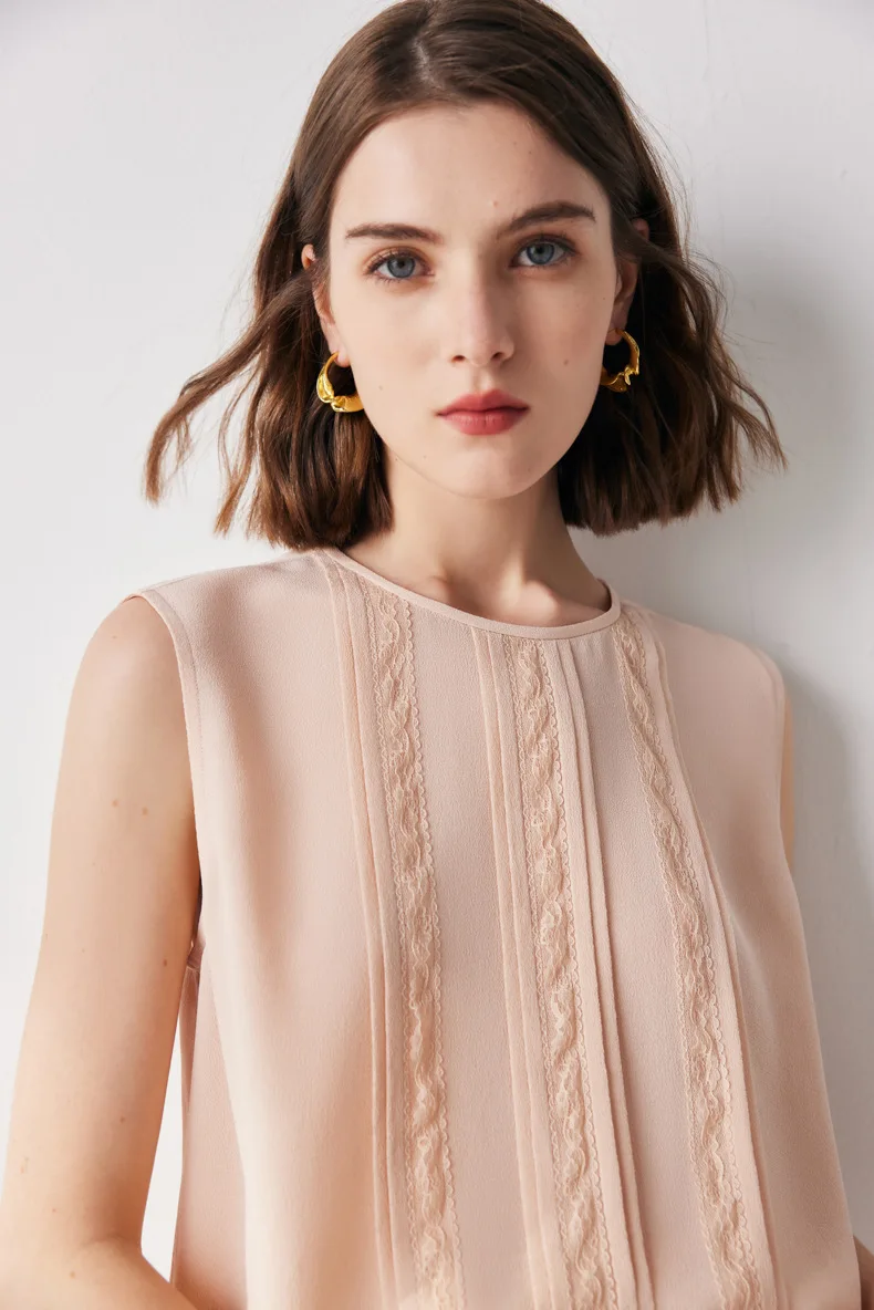 100% Silk Women's Blouse O Neck Sleeveless Ruffles Appliques Elegant Fashion Blouse Tops