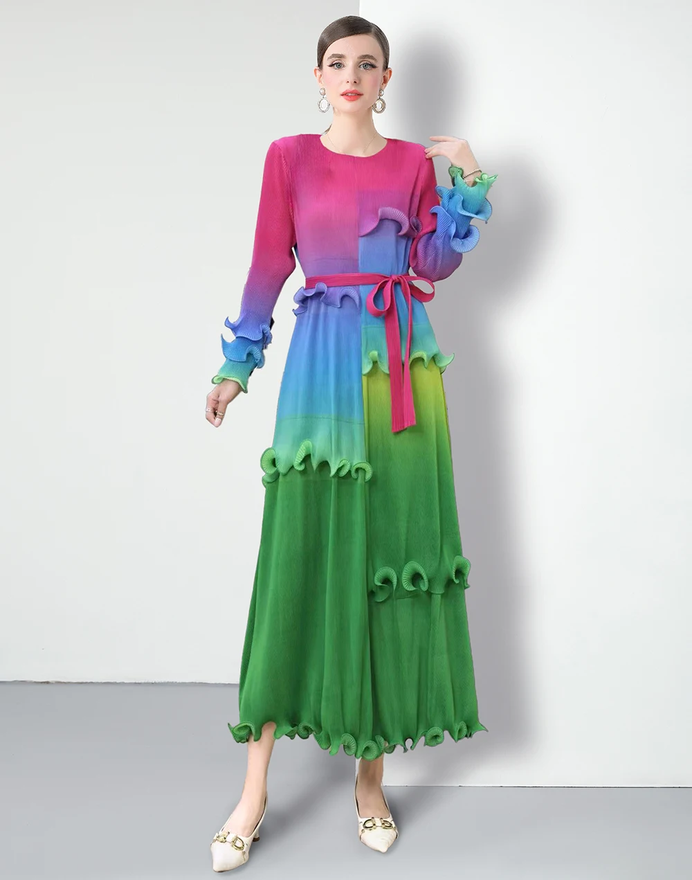 

2025 Spring Summer Holiday Miyake Pleated Draped Dresses Women's O-Neck Flower Print High Stretch Lace Up Loose Beach Vestidos