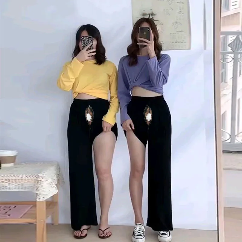 Large Size Silk Wide-Leg Pants Female Invisible Open-Seat Pants Summer Thin High Waist Droop Loose Casual Trousers Outdoor Sex