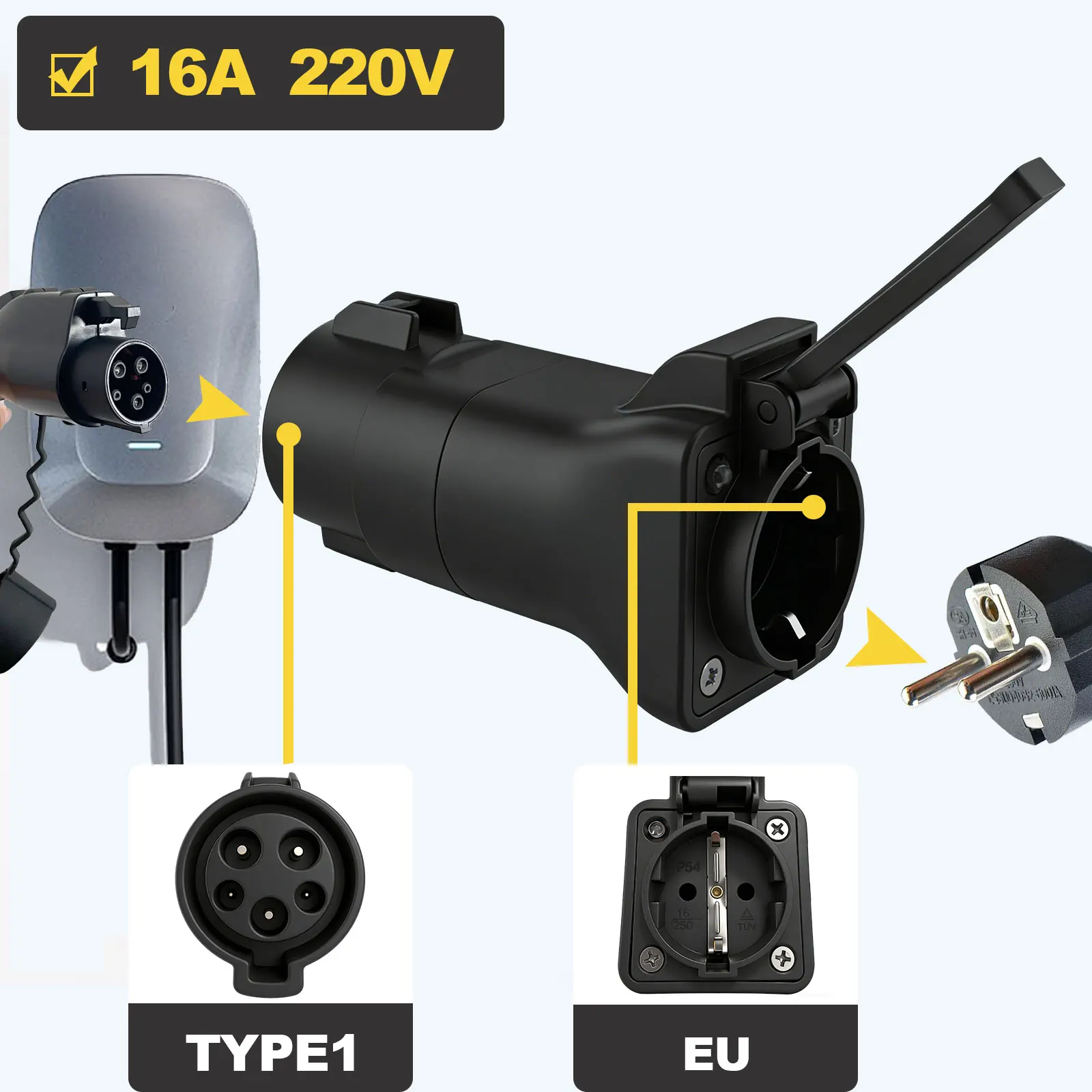 

16A J1772 Type1 to EU Schuko NEMA 5-15/20 Universal Socket EV Charger Adapter Cable for E-Bike Scooter Onewheel