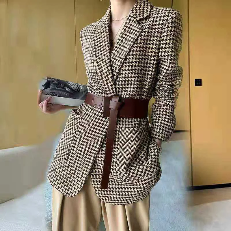 Korean Vintage Coats Women Woolen Plaid Houndstooth Blazer Elegant Spring Autumn Office Lady Belt Oversize Chic Jacket Outerwear