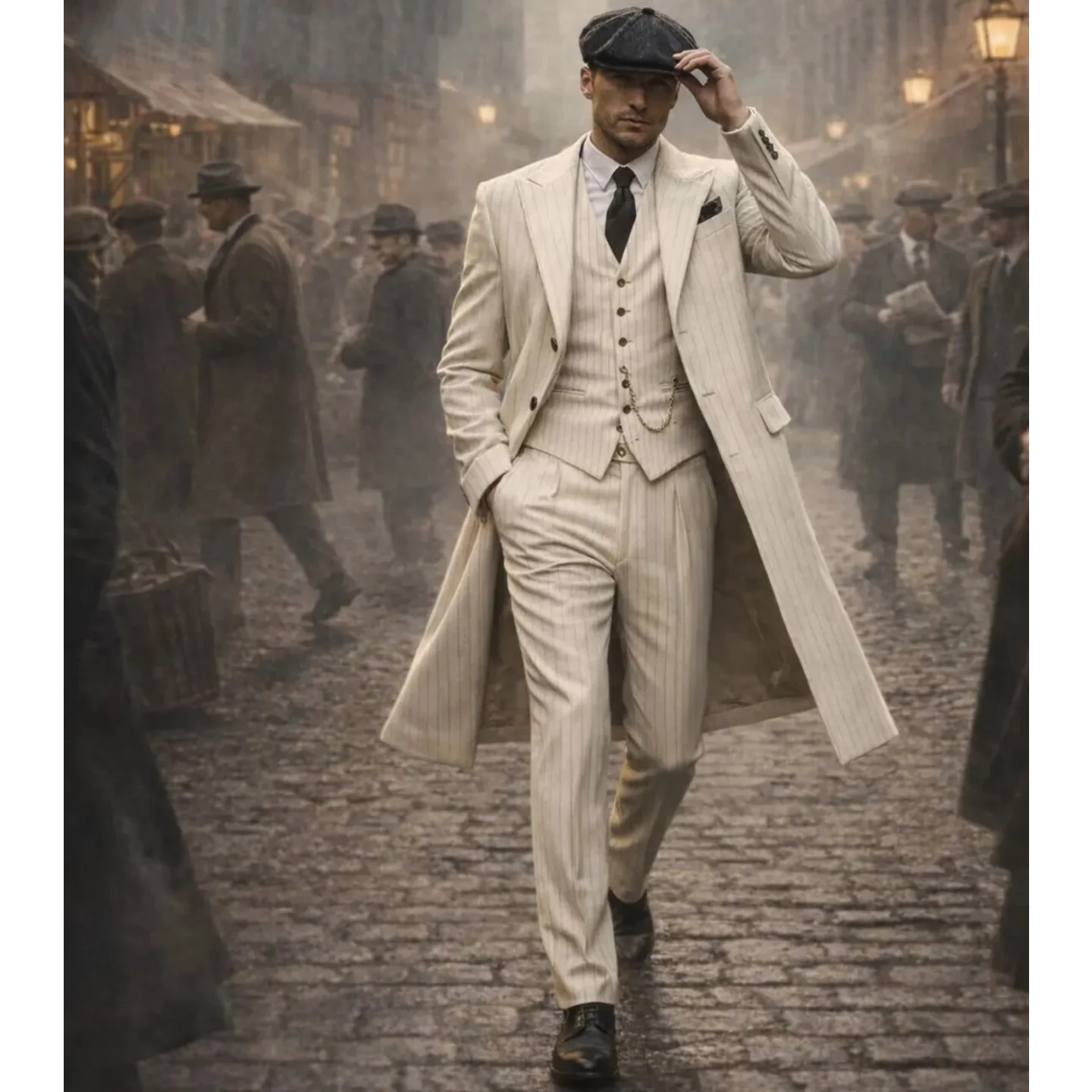 Cream Pinstripe 3 Pieces Men Suit Vintage Gentleman Long Overcoat Vest Pants Set Groom Wedding Outfit Banquet Retro Customized
