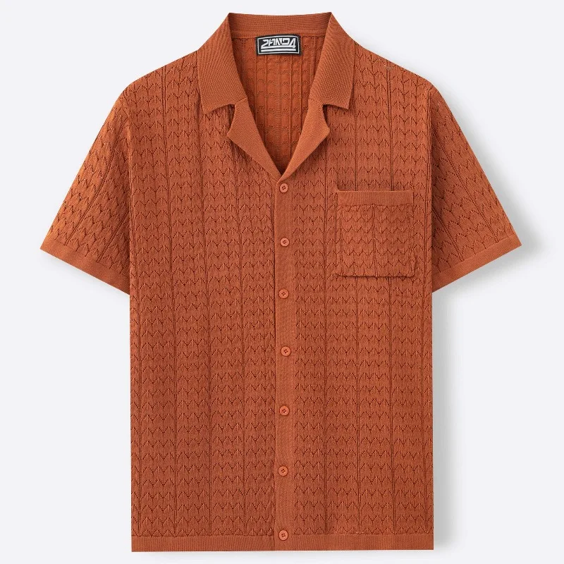 Men's Summer New Cuban Collar Knitted Short-Sleeve Casual Cardigan Polo Shirt