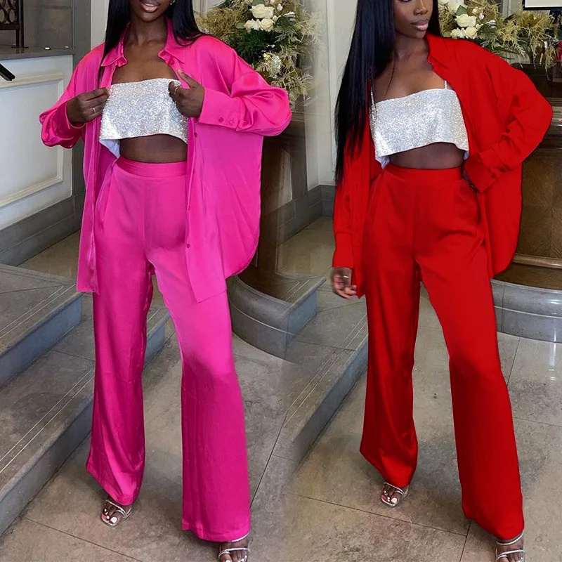 طقم سراويل نسائية واسعة الساق من الساتان ، أكمام مكشوفة الكتفين ، ملابس غير رسمية ، ملابس فضفاضة ، جديد ، الربيع ، 2 ،