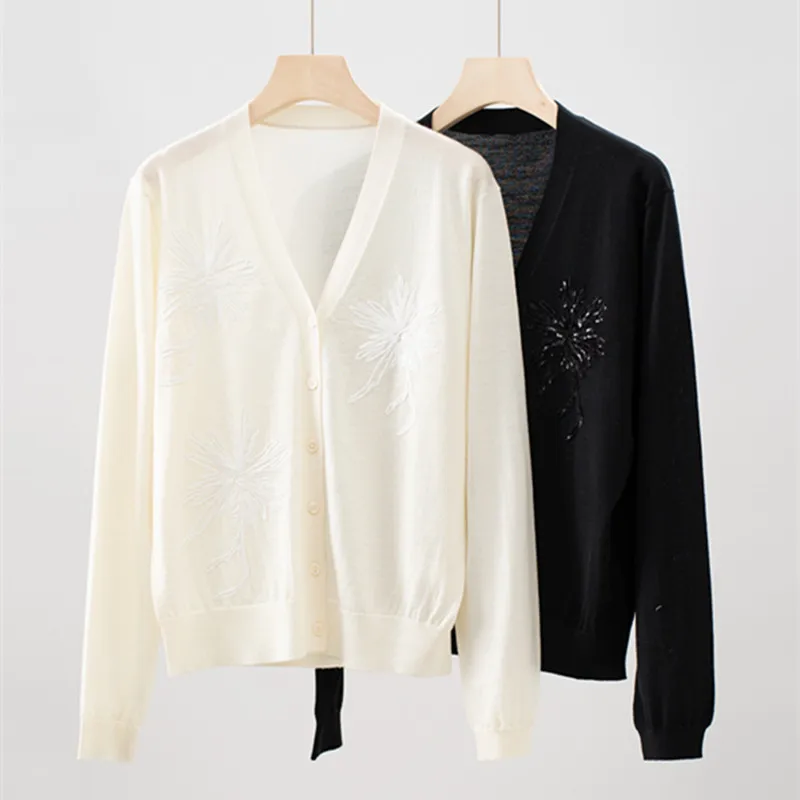 

Женский осенне-зимний новый шерстяной вязаный кардиган с v-образным вырезом и бисером, универсальный топ