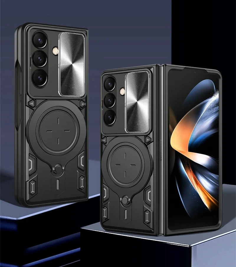 

For Samsung Galaxy Z Fold 7 6 5 4 Case Armor Shockproof Silicone Slide Camera PC Car Magnetic Holder Metal With Ring Cover