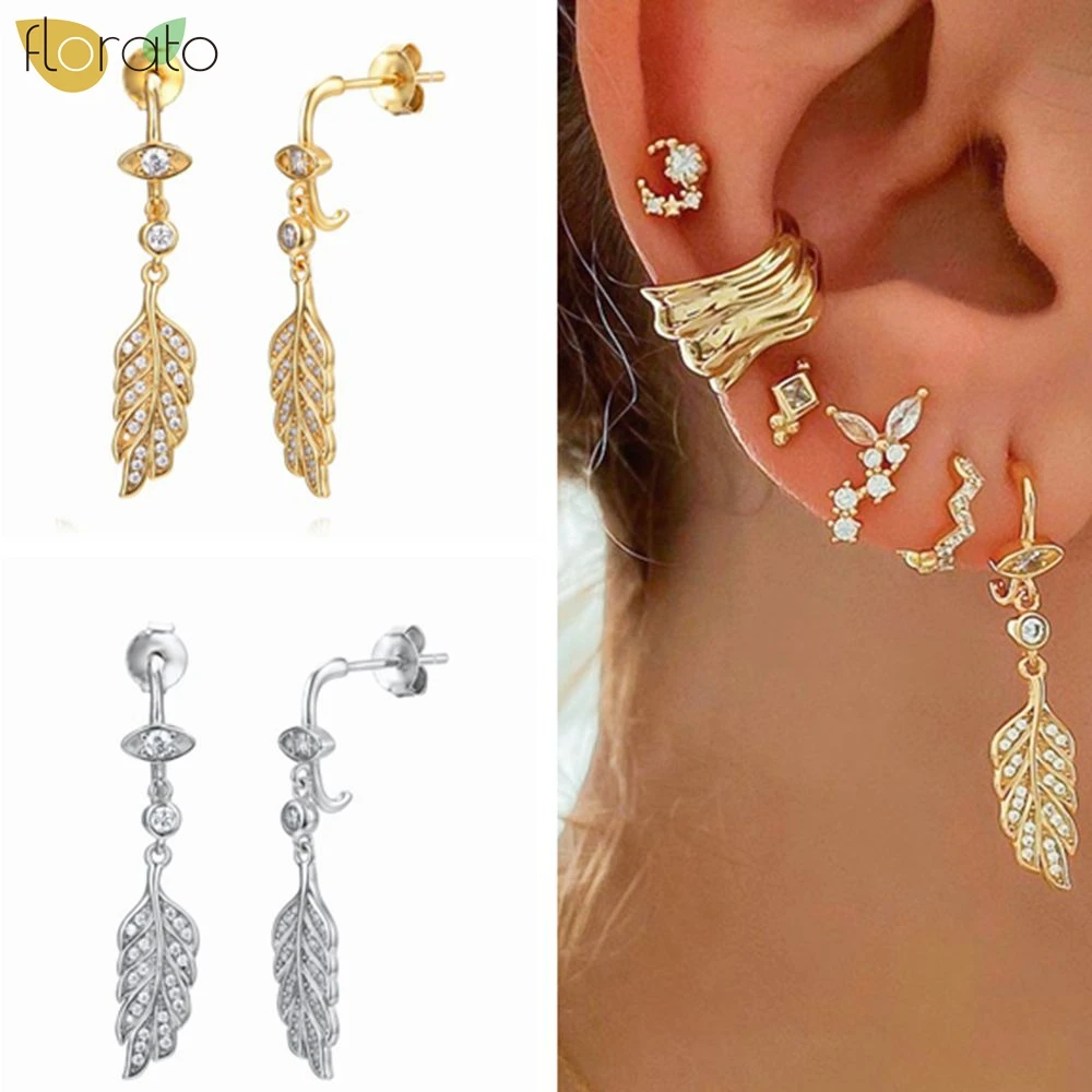 

925 Sterling Silver Ear Needle High Luxury Gold Silver Earrings Set with Zircon Eyes Feather Pendant Classic Earrings for Women