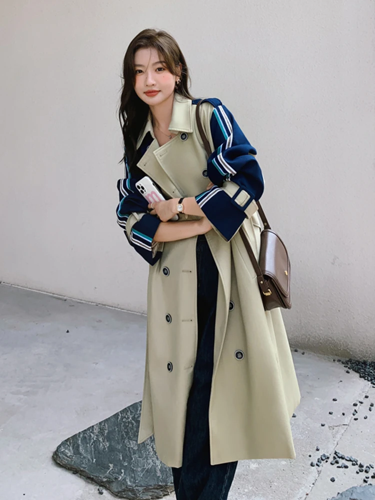 LANMREM Korean Striped Stitching Trench Coat Women\'s Lapel Double Breasted Color Block Belt Windbreaker Coat 2024 Autumn 2Z2397