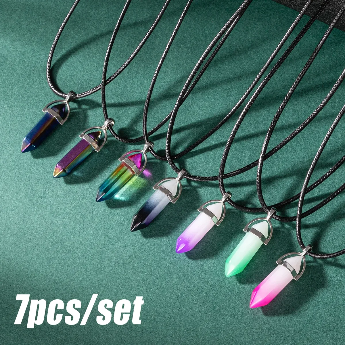 7pcs/set Natural Stone Pendant Hexagon Prism Pendulum Chakra Jewelry Healing Crystal Quartz Point Women Men Necklaces