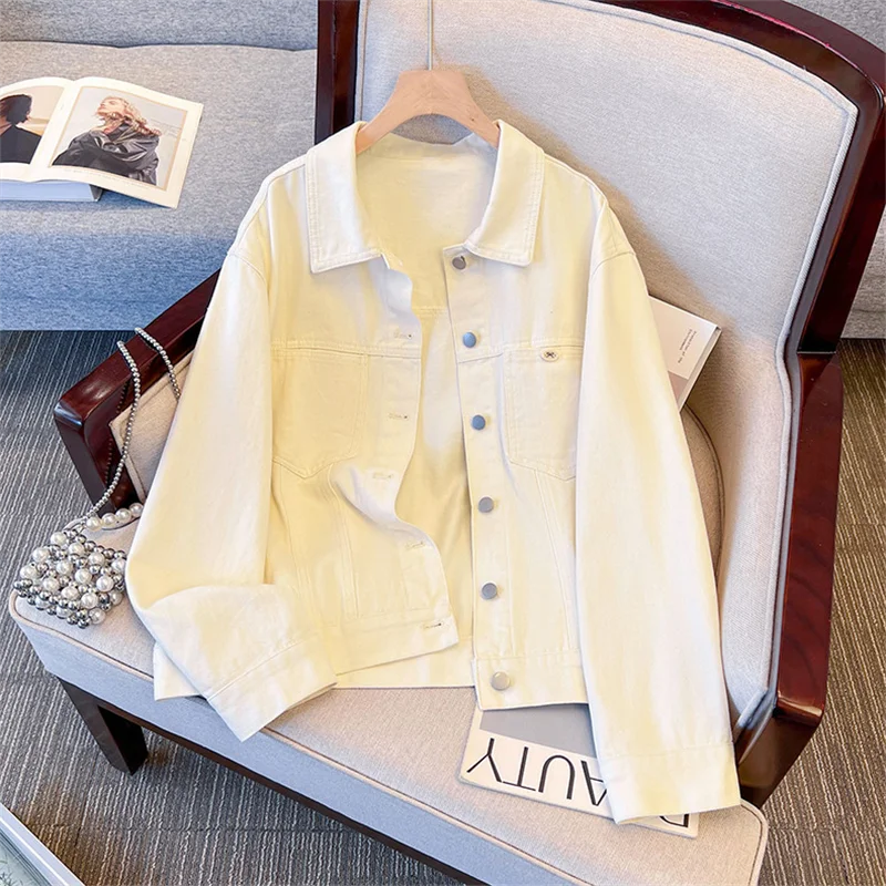 

Korean Loose Lapel Single-Breasted Long Sleeve Female Cowboy Outerwear Autumn Women Beige Casual Short Denim Jacket Veste Femme
