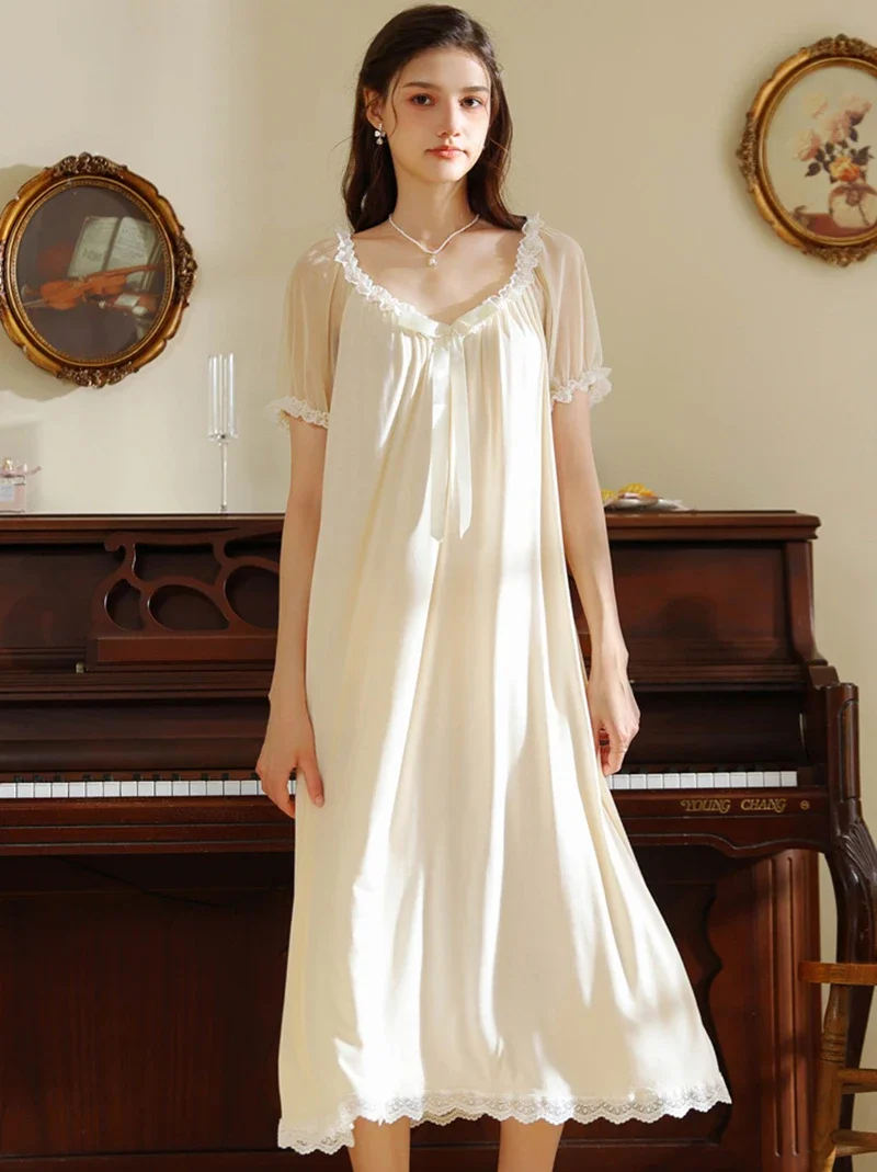 

Female Autumn Victorian Nightgowns Ruffles Viscose Mesh Short Sleeve Nightdress Women Sweet Vintage Princess Loose Sleepwear