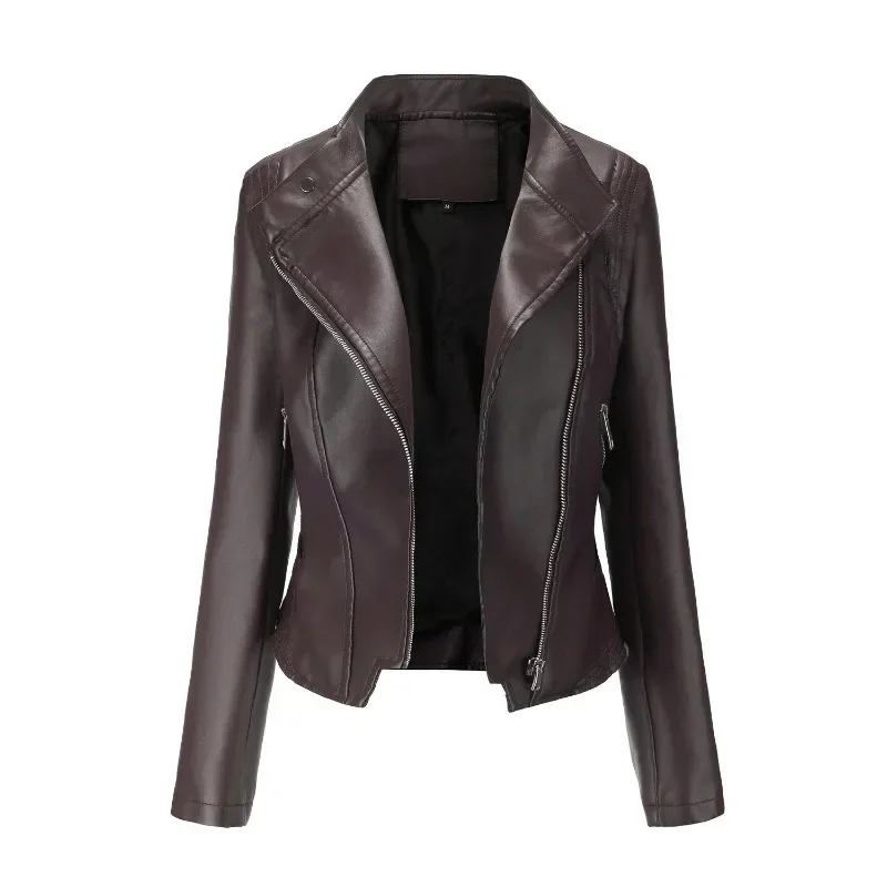 New PU Leather Lapel Women's Slim-fit Leather Jacket Spring and Autumn Thin Long Sleeve Stand Collar Coat Short Female Jacket