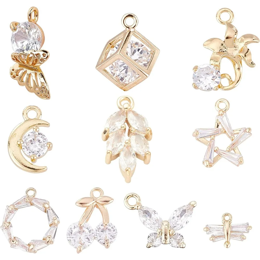 10pcs 10 Styles Cubic Zirconia Pendants Golden Butterfly Hexagram Cube Ring Moon Star Cherry Lily Charms for Earring Bracelet