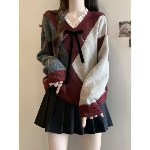 Korean Style Sweet Knitted Sweater Women's Autumn Winter plus Size New Age Reduction Slimming V-Neck Grid Pattern Top