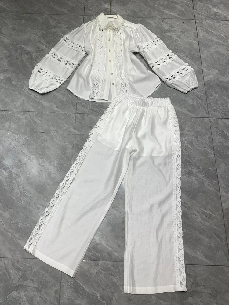 AELESEEN Runway Fashion Women Pant Set Spring Summer Lantern Sleeve Turn-down Collar Hollow Out Blouse + See-through Pants Set