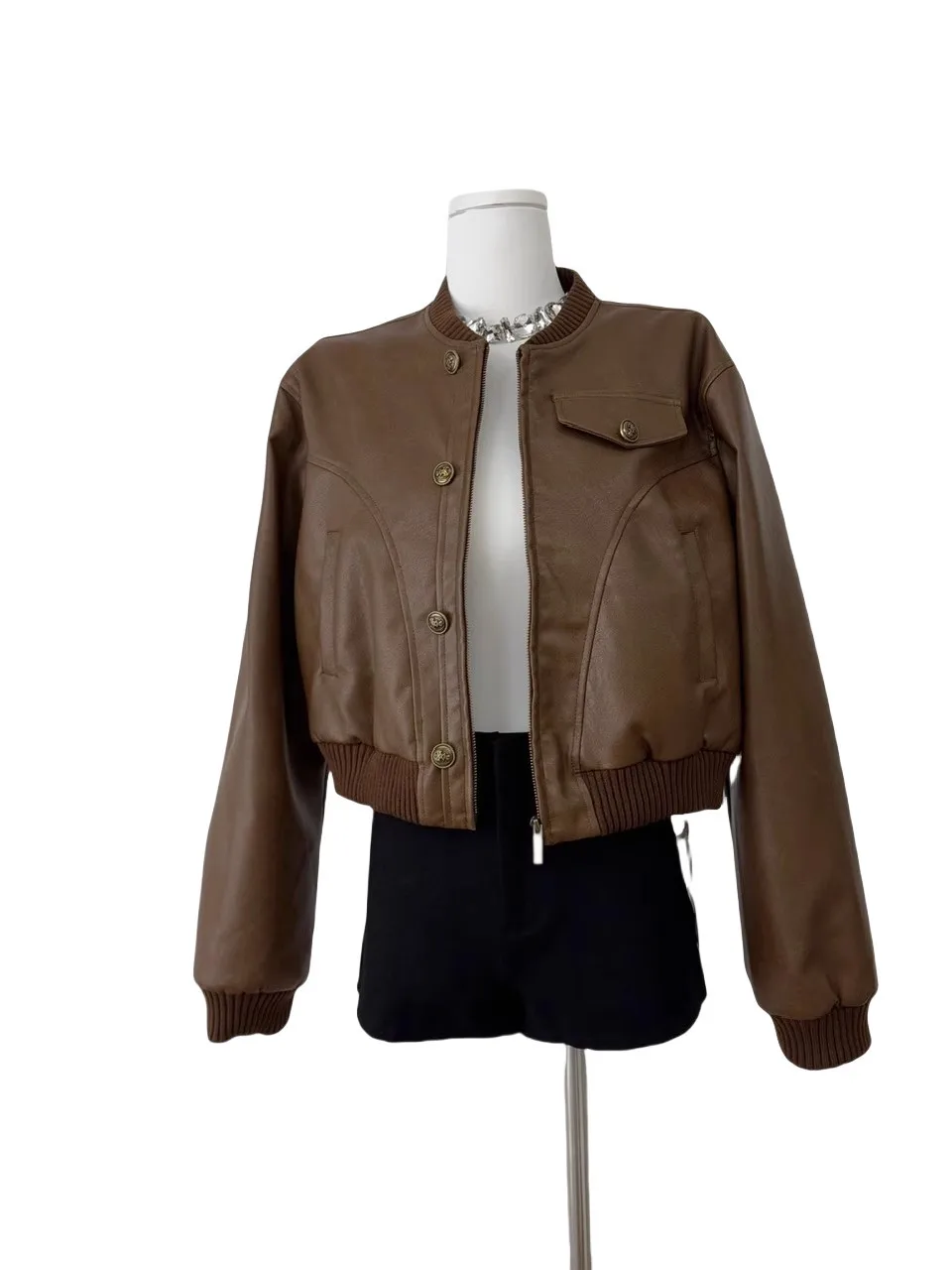 Jaet ort de cuero con cuello de béisbol Retro para mujer, ropa de abrigo adelgazante de cintura alta para motocicleta, Top largo de moda