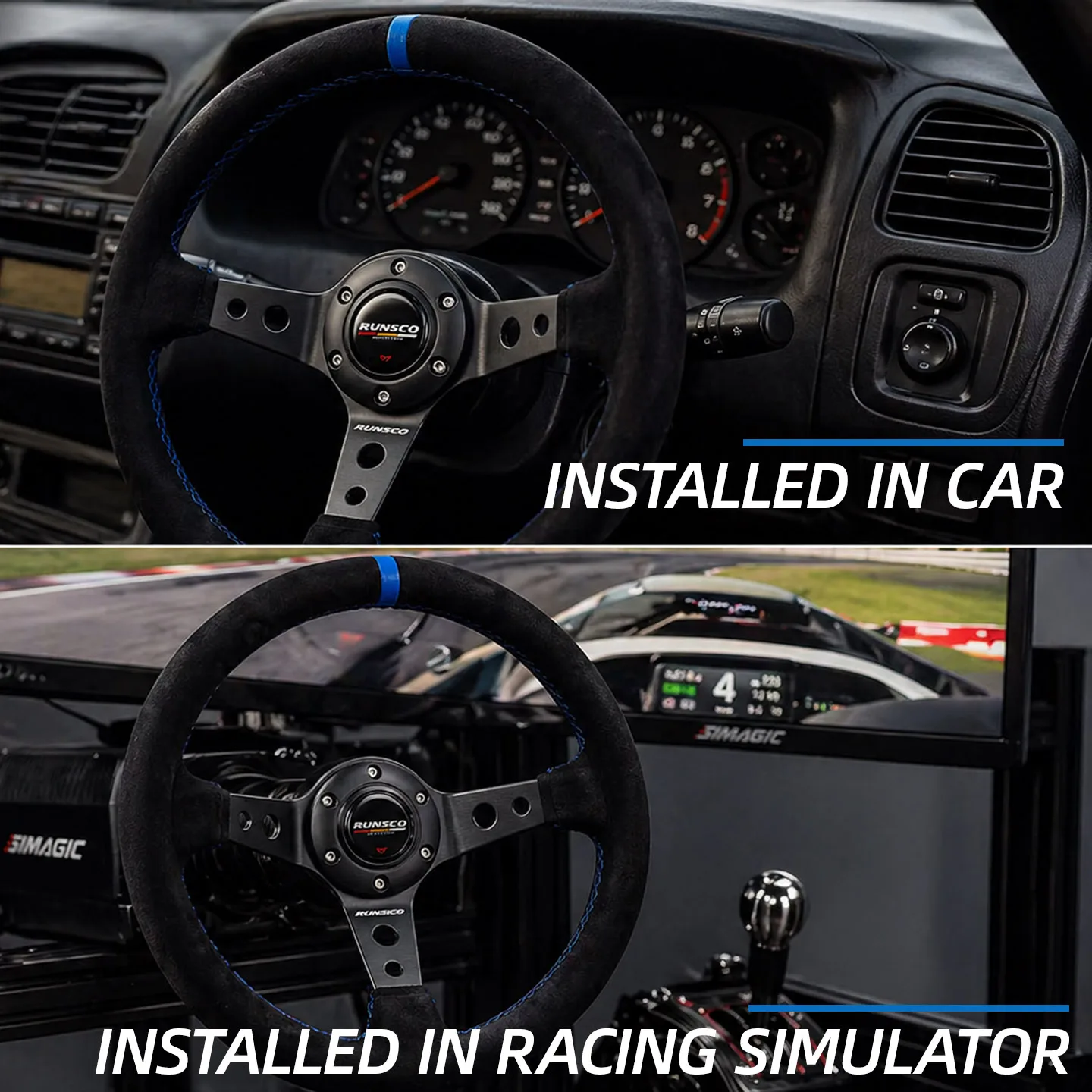 Runsco 14 Inch/350mm Racing Steering Wheel - Black Leather with Blue Stitching - Lightweight Aluminum Spoke
