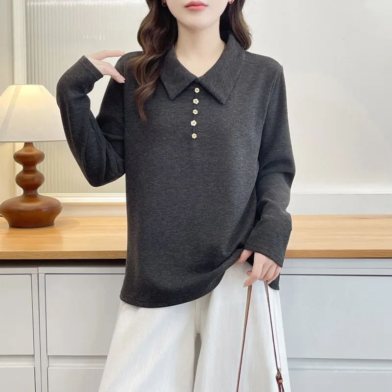 Women Lapel Sweatshirt Half Button Design Loose Hide Belly Slim Long Sleeve Pullover Top