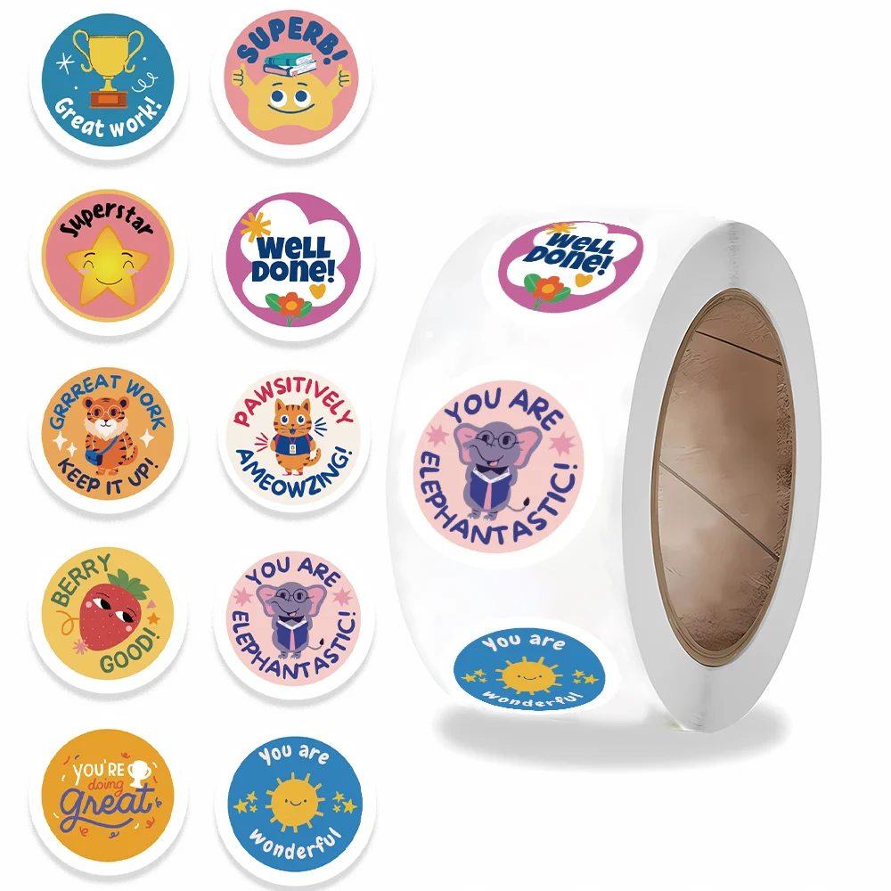 500pcs Cartoon Animals Encourage Stickers Roll Waterproof Vinyl Stickers for Laptop Scarpbook Skateboard Computer Phone Decal