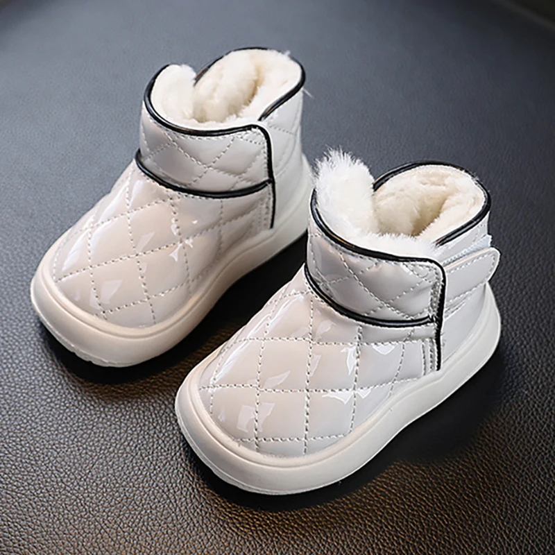Winter Plush Boots For Children PU Leather Waterproof Kid's Warm Snow Boots Anti-slippery Plaid Boy's Girl's Winter Boots