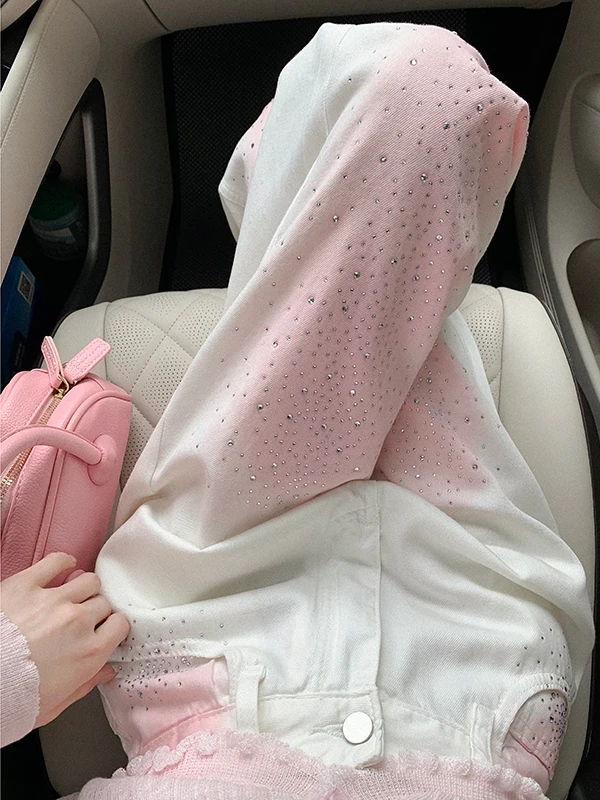 Gradient Color Hot Diamond Nice Denim Wide Leg Pants Women's 2025 New Summer Good-looking Jeans Fashion Versatile Straight Pants