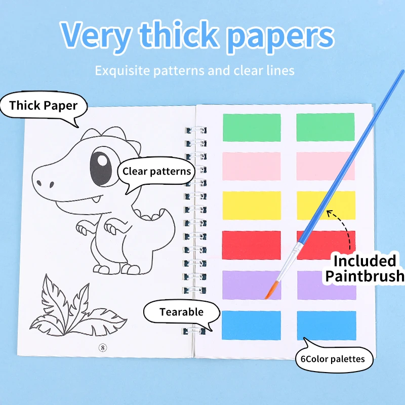 สมุดระบายสีน้ำแบบ 4 เล่ม ชุดหนังสือระบายสีสำหรับเด็ก ของเล่นวาดภาพ ระบายสีสัตว์และไดโนเสาร์ สมุดระบายสีน้ำ