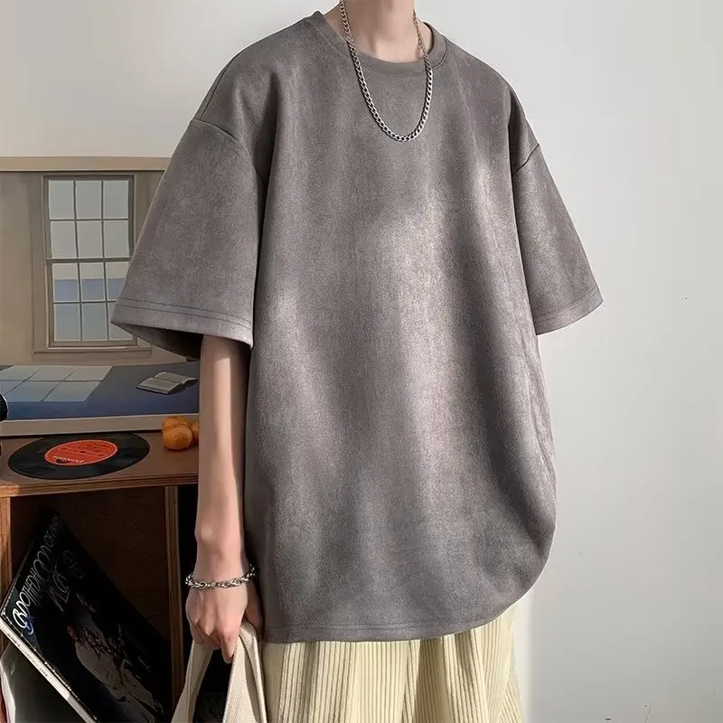 Brown Suede Round Neck Short Sleeve T-Shirt For Men Summer American Style Fashion Tops