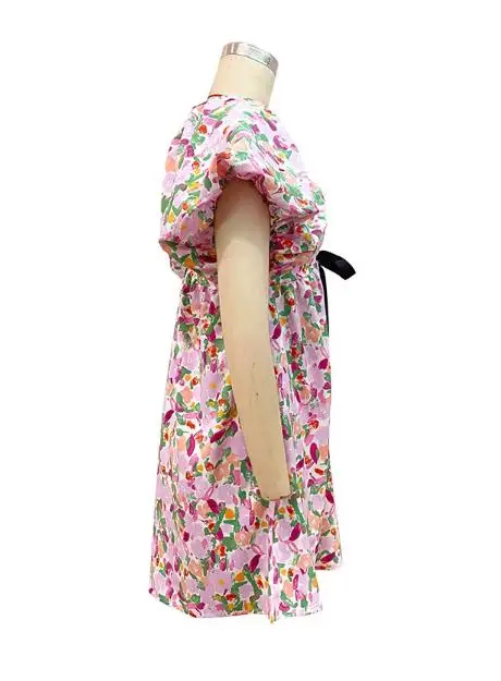 

New Sexy and Sweet Vacation Style Mini Dresses with Bubble Sleeve Bow Print Dress Summer Fashion Girl Deep V-Neck A Line Dresses