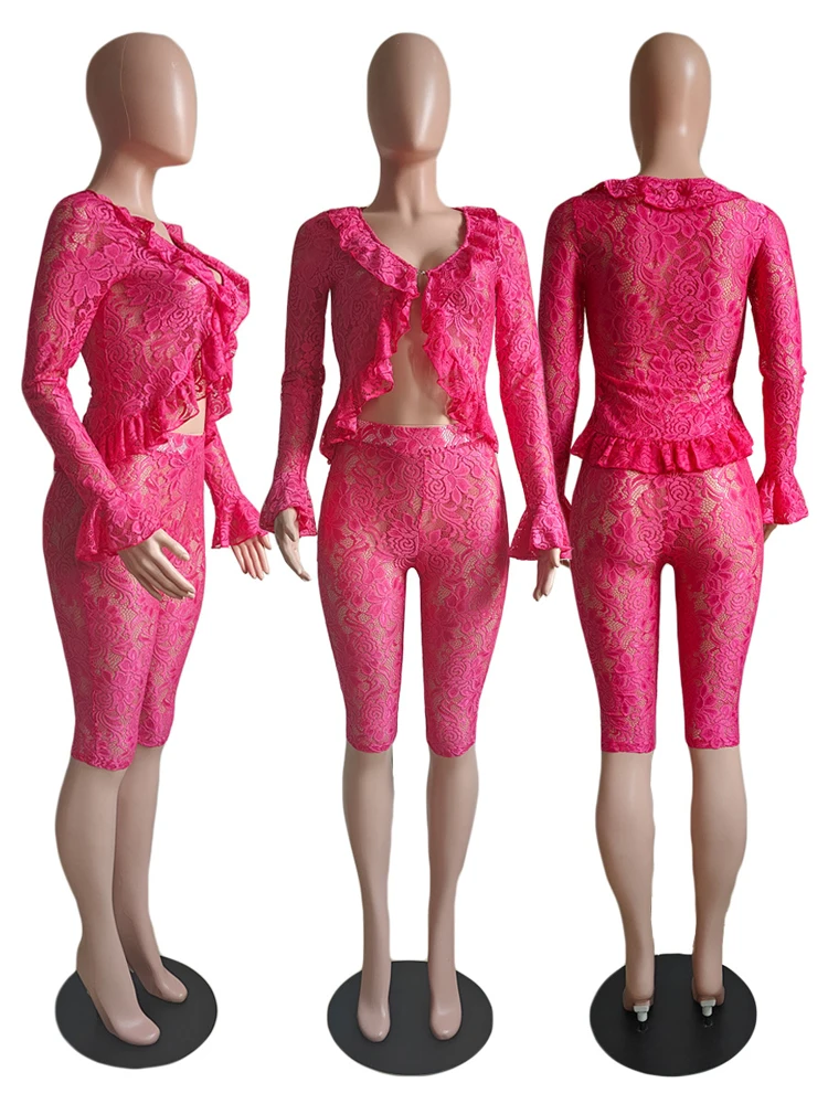 여성 봄 새로운 2025 솔리드 컬러 섹시한 패션 컷 아웃 레이스 탑과 반바지 정장을 통해 볼 여성 Loungewear 두 조각 세트