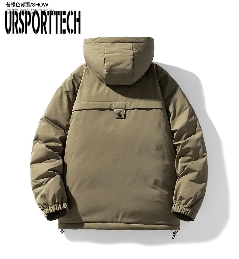 URSPORTTECH Winter Down Jacket Cotton Cargo Coat Men's Warm and High Quality Solid Color Cotton Coats Luxury Men Hooded Jacket