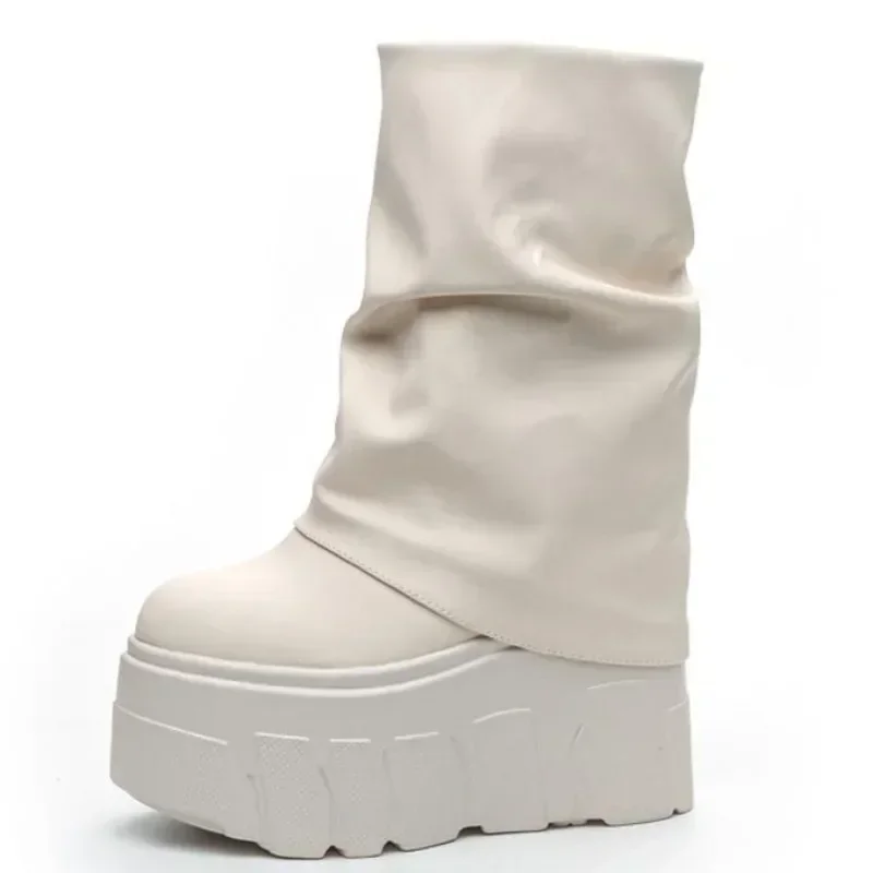 14 CM Yeni Ayak Bileği Patik Ayakkabı Doğal Mikrofiber Deri Çizmeler 2025 Kış Kadın Motosiklet Botları Platformu Bayanlar Moda Botas