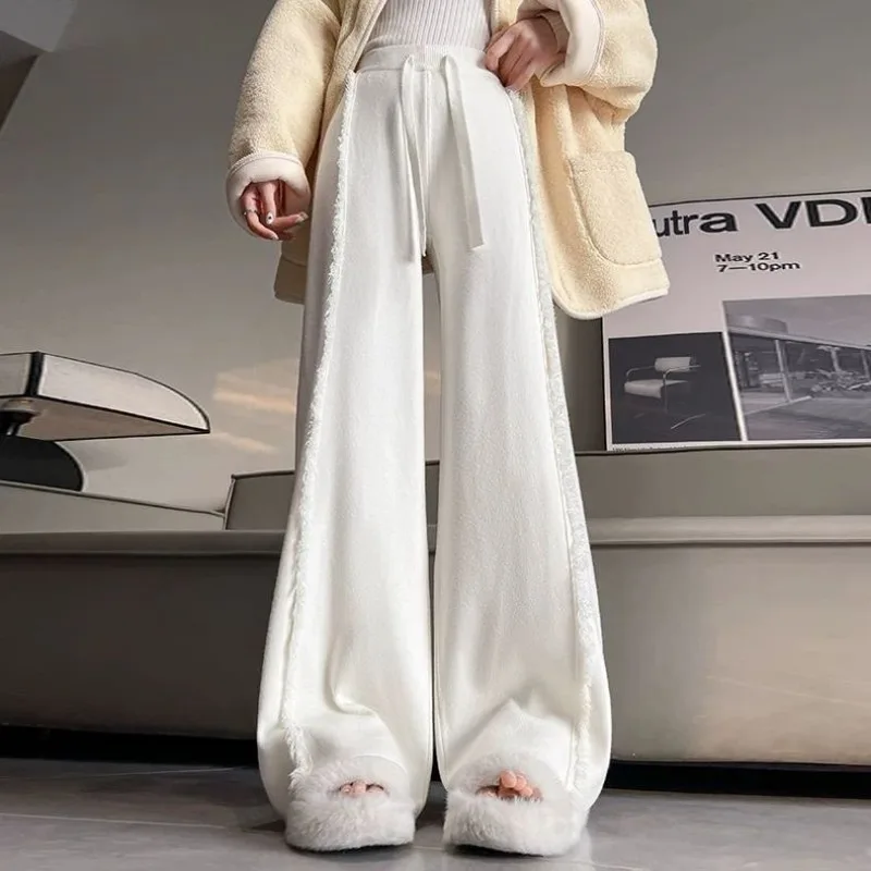 Apricot Knit Wide Leg Pants Women Autumn Winter Petite High Waist Draped Slim Floor Length Straight Casual Trousers