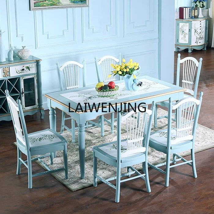 HLZ solid wood dining table Mediterranean style can be customized color blue flower and bird dining chair