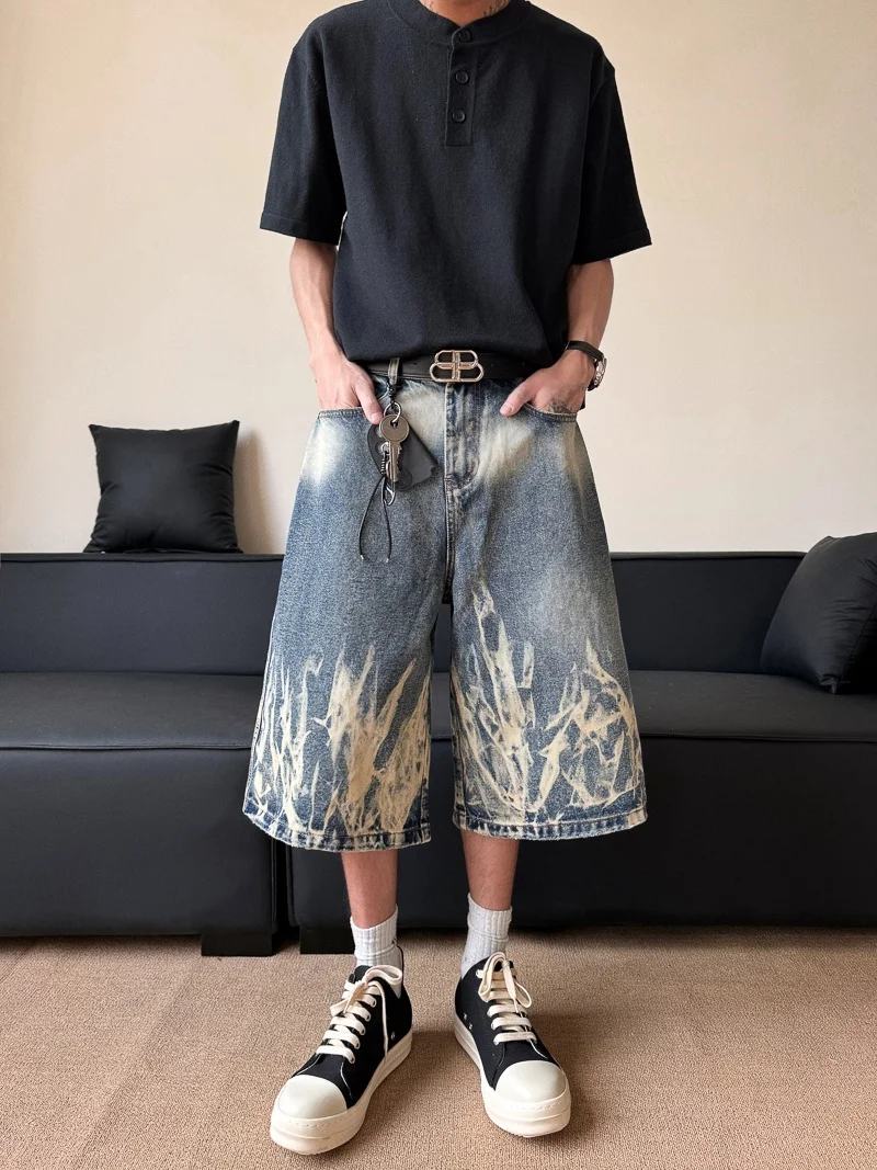 

Мужские модные свободные прямые джинсовые шорты Waed Tie Dye с принтом молнии, длиной 7 дюймов