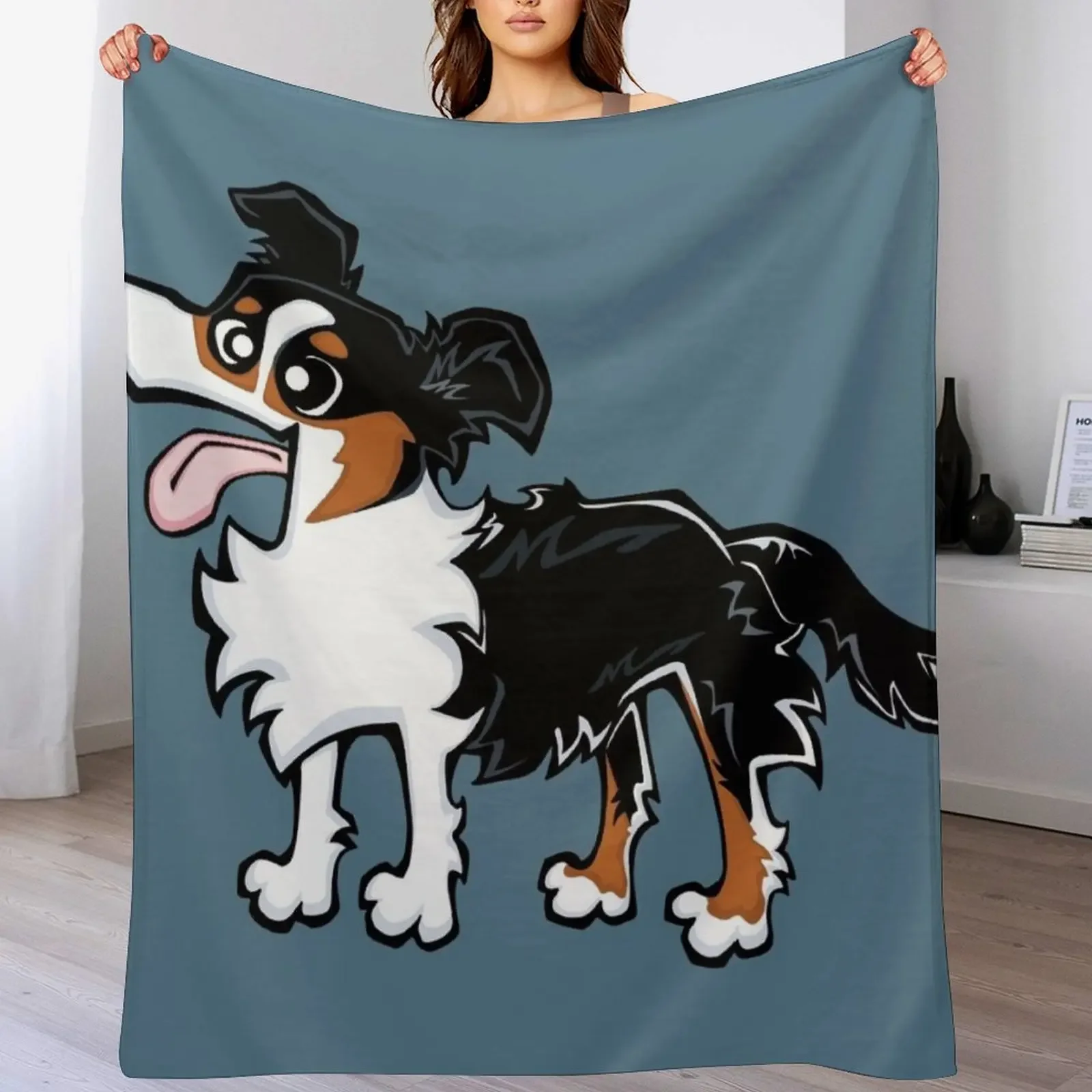 Border Collie - Tricolour (Full Body) BLUE BG Throw Blanket Plaid on the sofa Soft Plaid Fashion Sofas Blankets