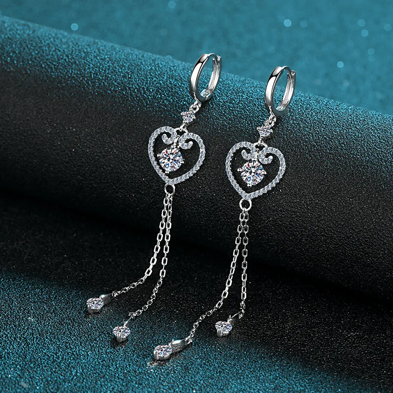 

Certified GRA 1ct Moissanite Sterling Silver 925 Earrings Women's Heart Tassel Earrings Pierced Fashion Jewelry