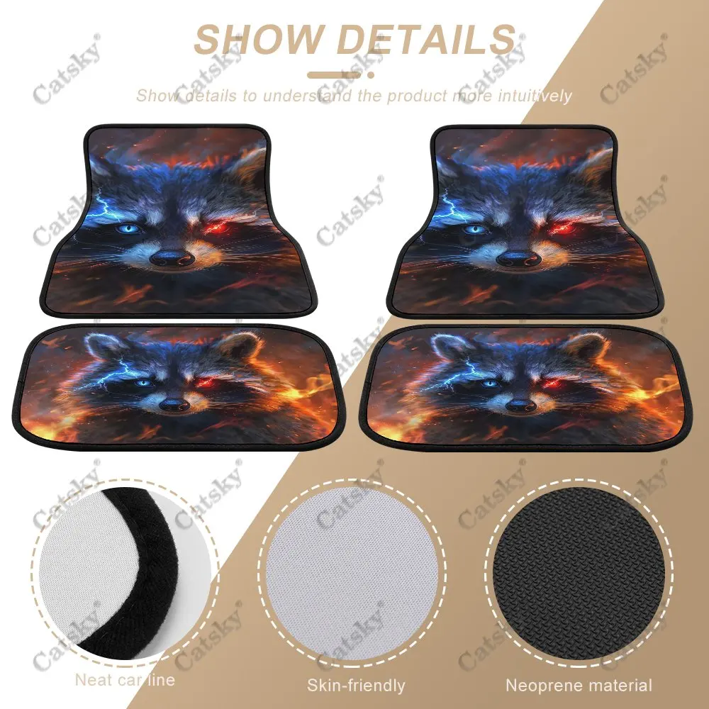 Raccoon with Red Blue Eyes Car Floor Mats 4-piece Front Rear Carpet Stain-resistant Suitable for SUV Truck Interior Decoration