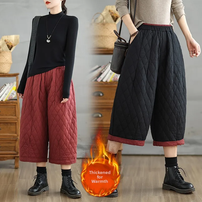 レッドカジュアルウォームダウンコットンパンツレディースプラスサイズハイウエストスリムファッショナブルストレートレッグワイドレッグトラウザーズ