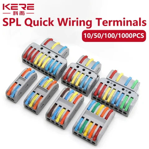 10/50/100 PCS 1 in 다중 출력 미니 고속 와이어 커넥터 재사용 가능한 터미널 블록 SPL-212 213 222 225 푸시인 케이블 연결