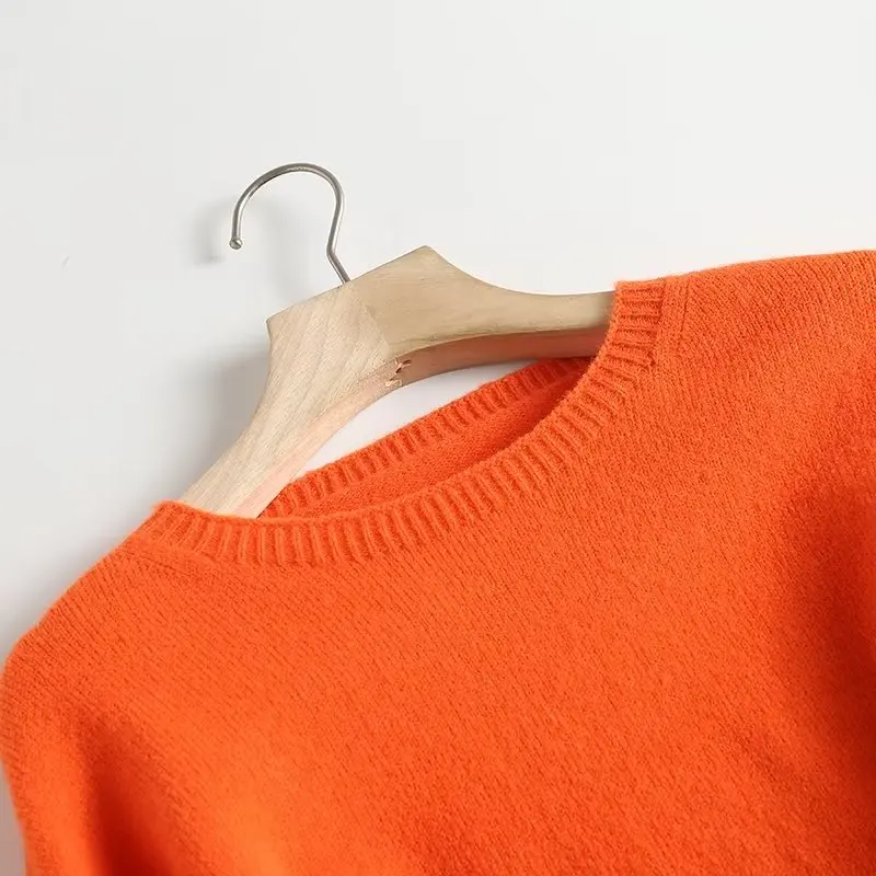 Jenny&Dave Fashion Orange Color O-neck Pullovers Sweaters Flare Sleeve Casual Knitwear