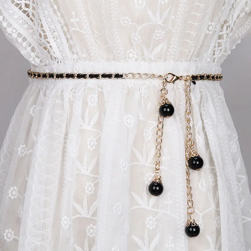 Trendy Metal Beaded Thin Belt for Women Summer  Dresses Accessories Luxury Waist Chain Elegant Simple Fashion High Quality Belt