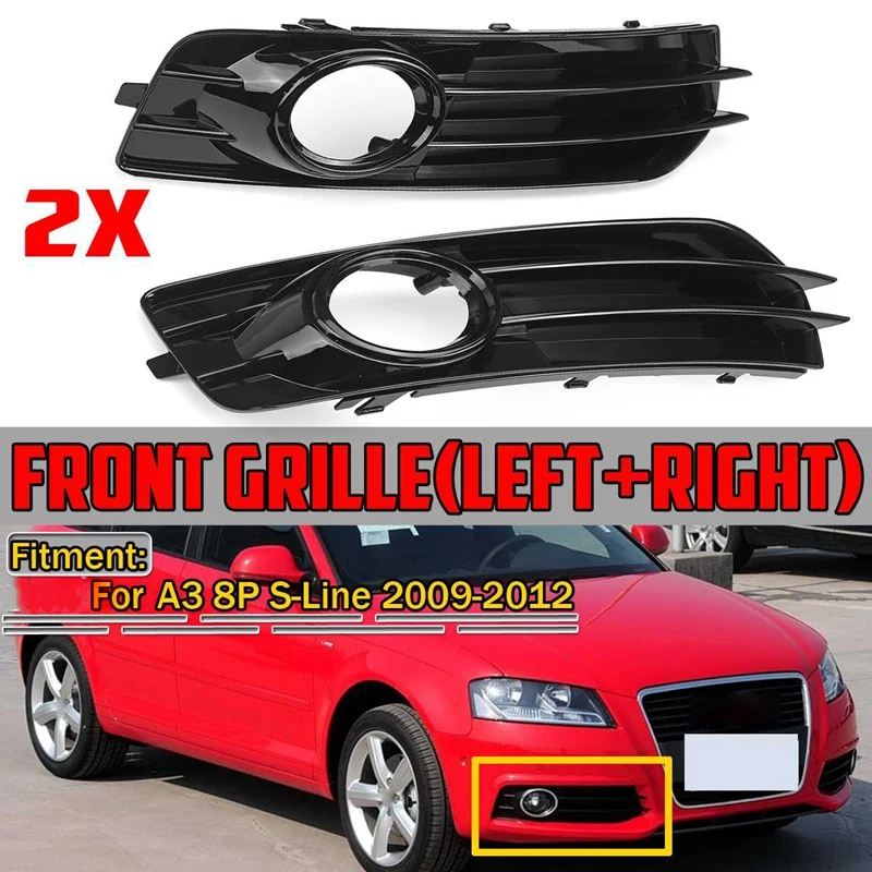 

For- A3 8P S-Line 2009-2012 Front Bumper Fog Light Lamp Grilles Cover 8P0807682 8P0807681