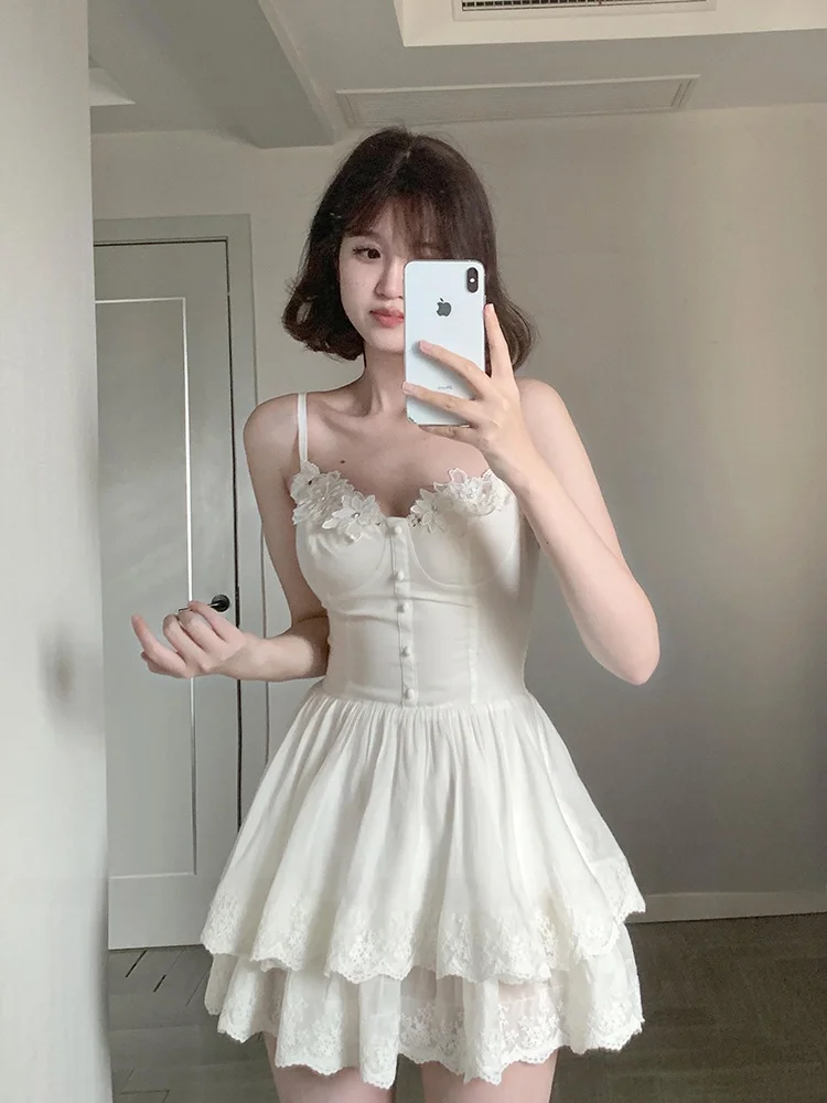 

XZY Sweet And Gentle White Strapl Puffy Skirt Women's plus Size Summer Slimming Waist Cinched A-Line Dr Korean Sle