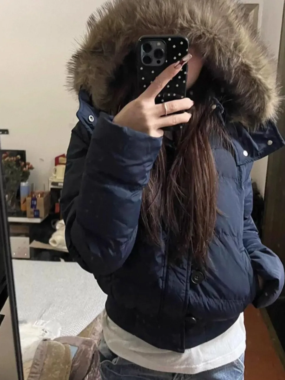 

Thiened Cotton ort Coat Women's Winter Faion Slim Fit Hooded Jaet Bread Cotton Clothes Blue Color Fur Collar