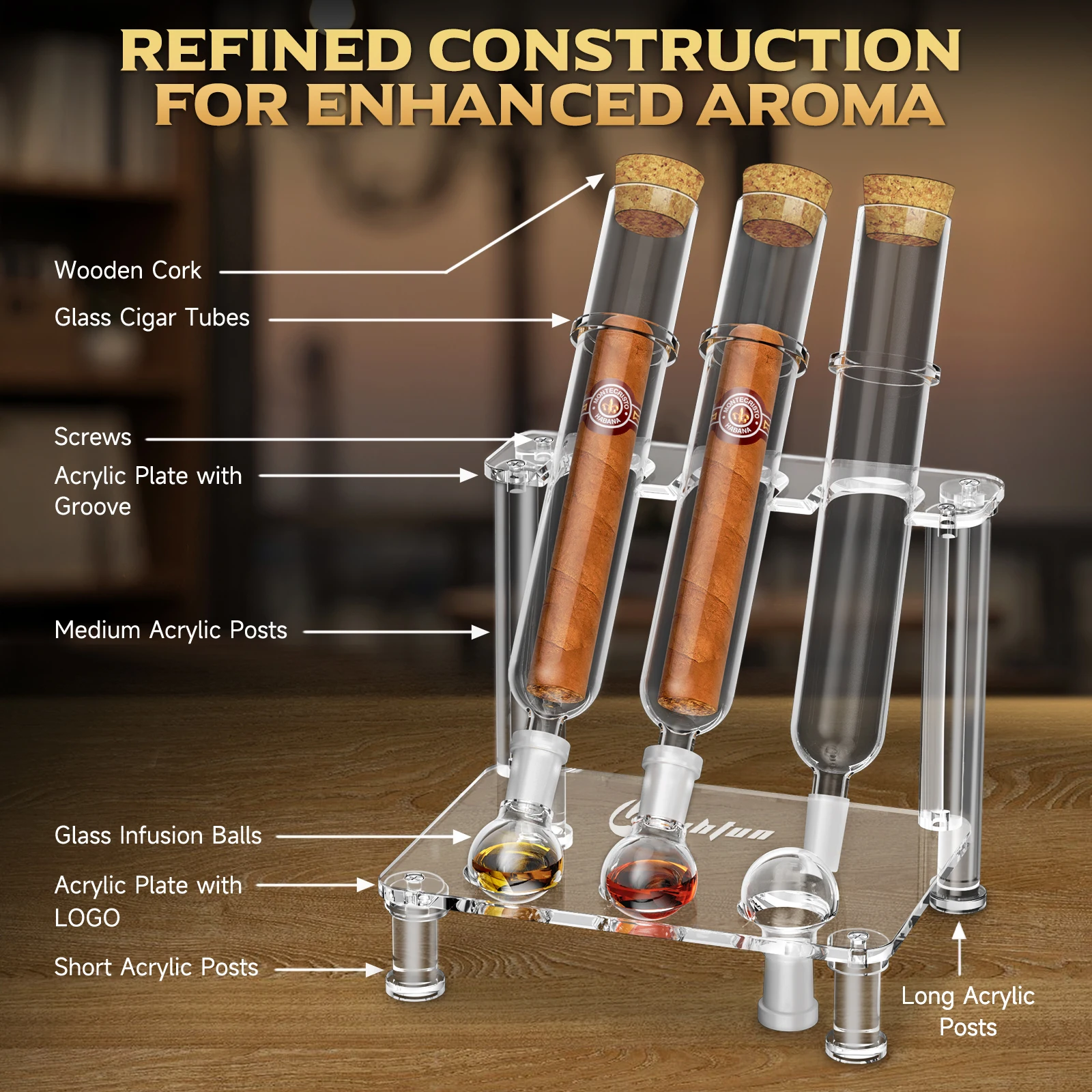 Cigar Humidor for 3 Cigars Flavoring,Glass Tubes, Balls and Acrylic Stand, Portable Travel Cigar Case Gift Set for Flavor