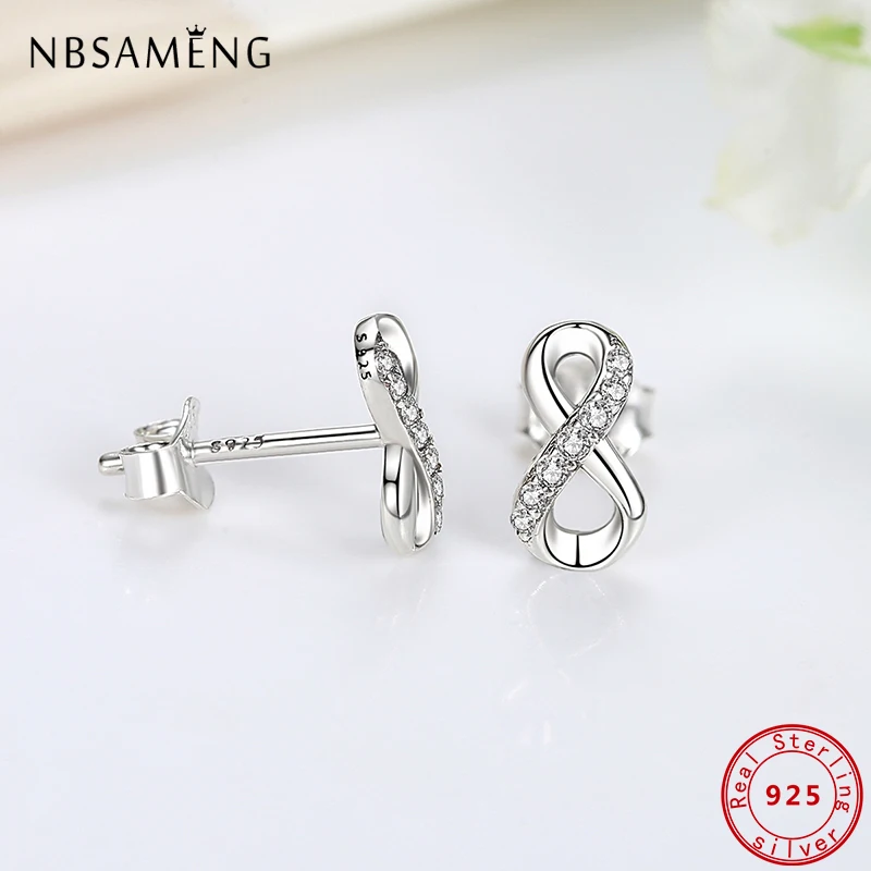 Original 100% 925 Sterling Silver Stud Earrings Infinity Love Earings Sparkling Crystal For Women Fine Jewelry