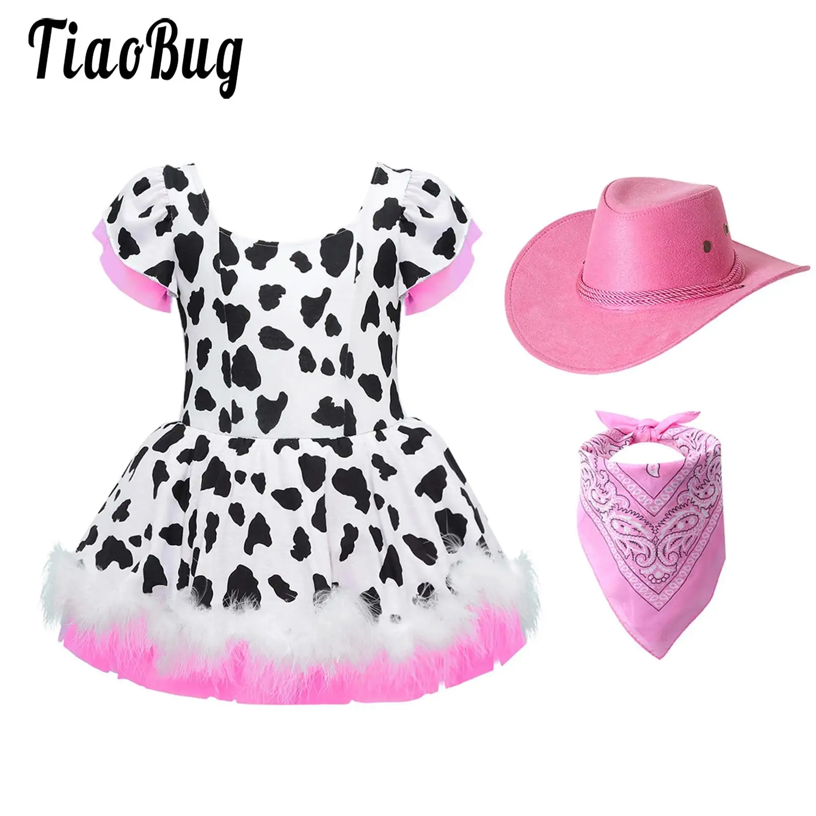 Cowgirl Costume Girls Cow Prints Short Sleeve Leotard Tutu Dress Cowboy Hat for Western Rodeo Dress Up Halloween Christmas Party