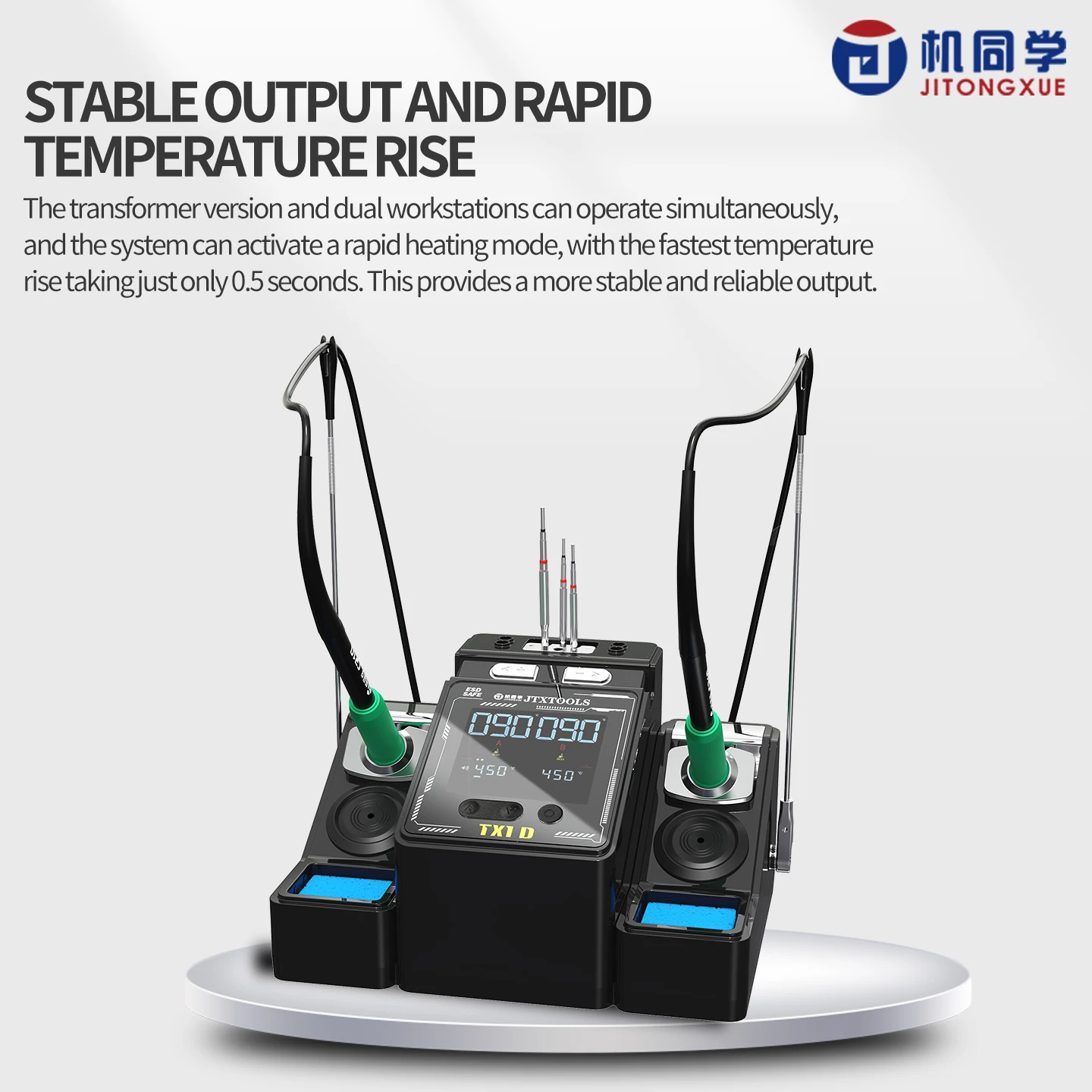 JTX 200W Dual Soldering Station Transformer Fast Heating 90-450°C for Phone PCB Repair C115/210/245 Handle Iron Tips Compatible