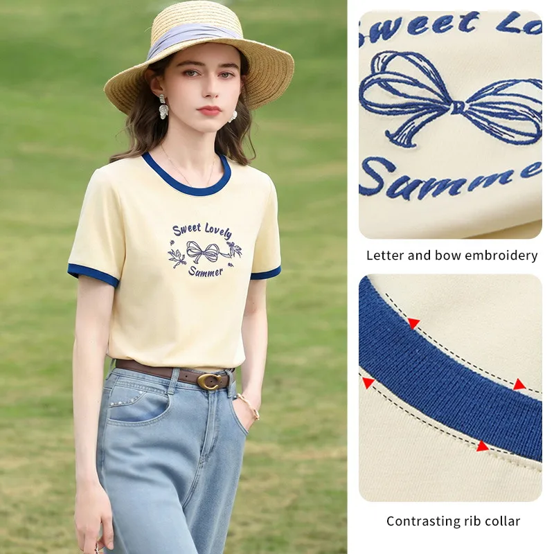I BELIEVE YOU Yellow Cool Letter Bow Embroidery T-Shirt 2026 Summer Contrast Trim Crew Neck Short Sleeve Elegant Tees 2262016341