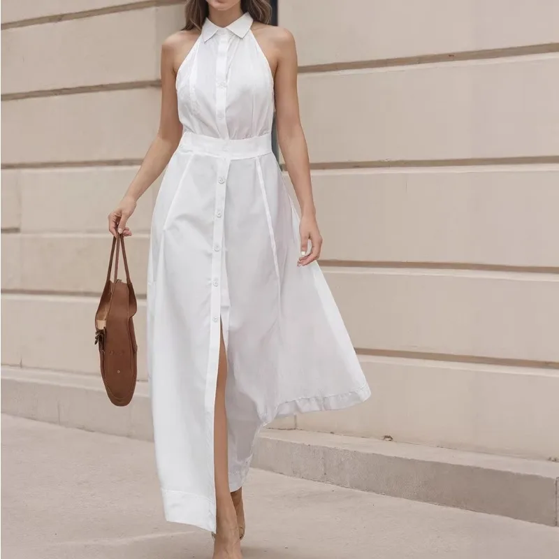 

Holiday Style White Cotton Single-breasted Sleeveless Neck Dress Women's 2026 Summer Sexy Backless Dress
